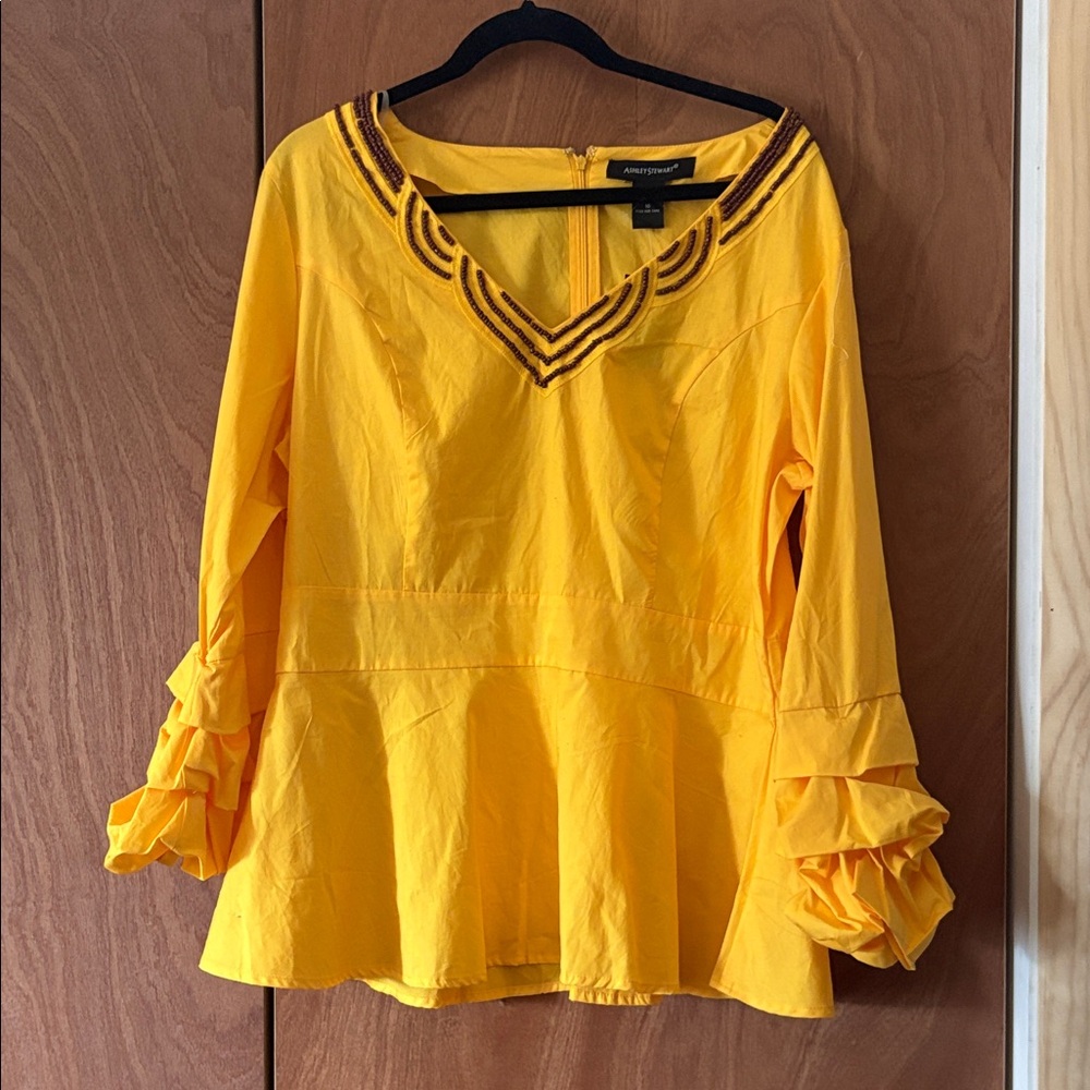 Ashley Stewart Yellow Blouse with Beaded Neckline and Ruffled Sleeves NWT